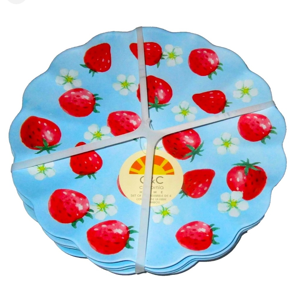 C & C Strawberry Scalloped 11” Bamboo Fiber Plates Set California Home 4 Pieces